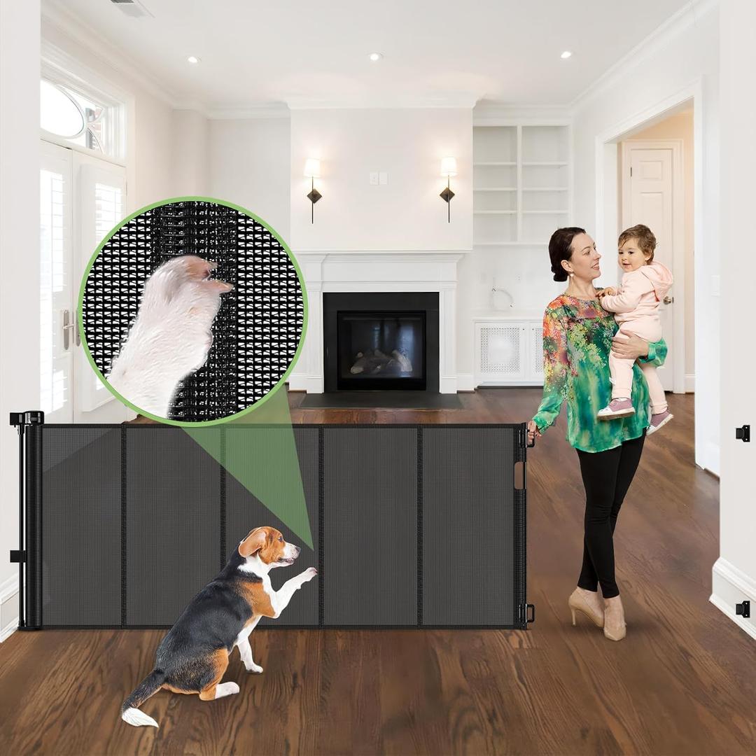 96" Wide Reinforced Retractable Baby Gates, Prevent Crawling Under, Black | Indoor/Outdoor Retractable Dog Gate, Space-Saving, Easy One-Hand Operation, Scratch-Resistant Mesh, Safety Lock, Easy Install, Black, (33" Tall x 96" Wide)