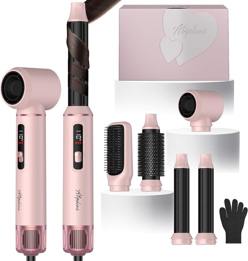 5 in 1 Hot Air Styler Brush, 1000W Hair Dryer with LCD Display, Auto Rotating Curler for Volumizing Fast Drying, Curling & Straightening Multi Styling Tools for All Hair with 3 Levels (Pink)