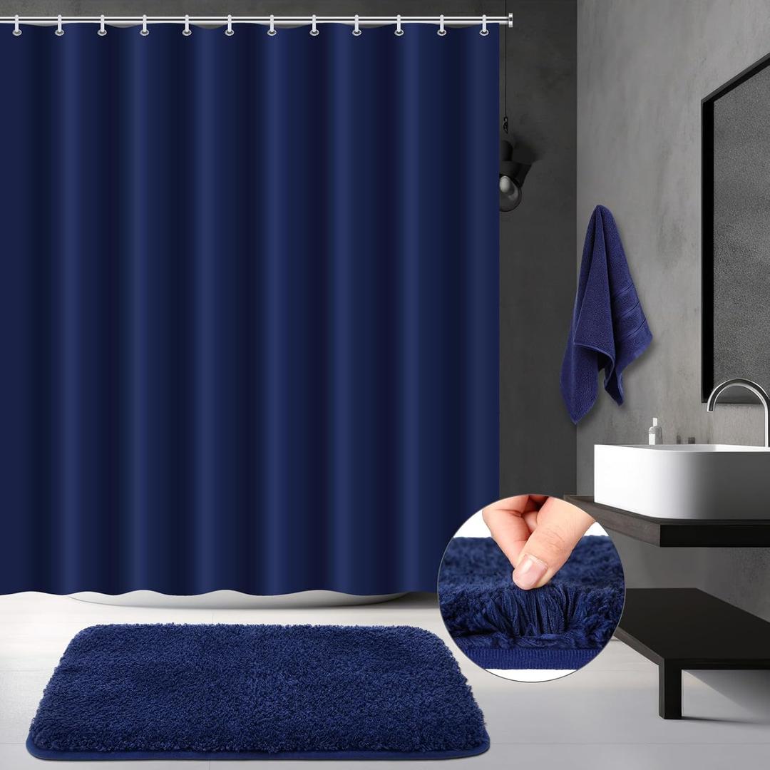 3 Pcs Bathroom Curtain Sets with Shower Rug and Towel Waterproof Shower Curtain Non Slip Bathroom Rug Bath Mat Soft Hand Towel with 12 Hooks for Hotel Decor(Navy Blue)
