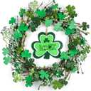 St Patricks Day Wreath with Wooden Lucky Shamrock Signs, 20 inch Shinning St Patricks Day Wreaths for Front Door Wall Window, Shamrock Decorations for Irish Holiday Party, Clover Decor