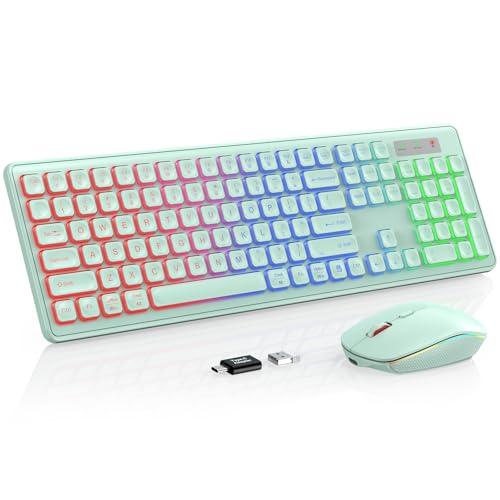 Wireless Keyboard and Mouse Combo - RGB Backlit, Rechargeable & Light Up Letters, Full-Size, Ergonomic Tilt Angle, Sleep Mode, 2.4GHz Quiet Keyboard Mouse for Mac, Windows, Laptop, PC, Mint Green