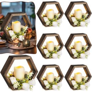 Colingmill 16 Pcs Wooden Candle Lantern Set Includes 8 Rustic Wedding Centerpieces for Table Decorative Candle Lanterns and 8 Flameless Decorative LED Candles for Wedding, Dark Brown, Hexagon