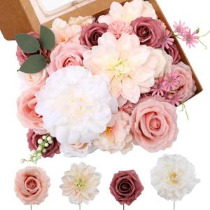 Floweroyal Artificial Flowers Combo Purple, Pink , White Flowers Mix Silk Flowers Dahlia Roses with Stems for DIY Wedding Bridal Bouquets, Baby Shower, Floral Arrangement, Table Centerpieces, Home Decorations.