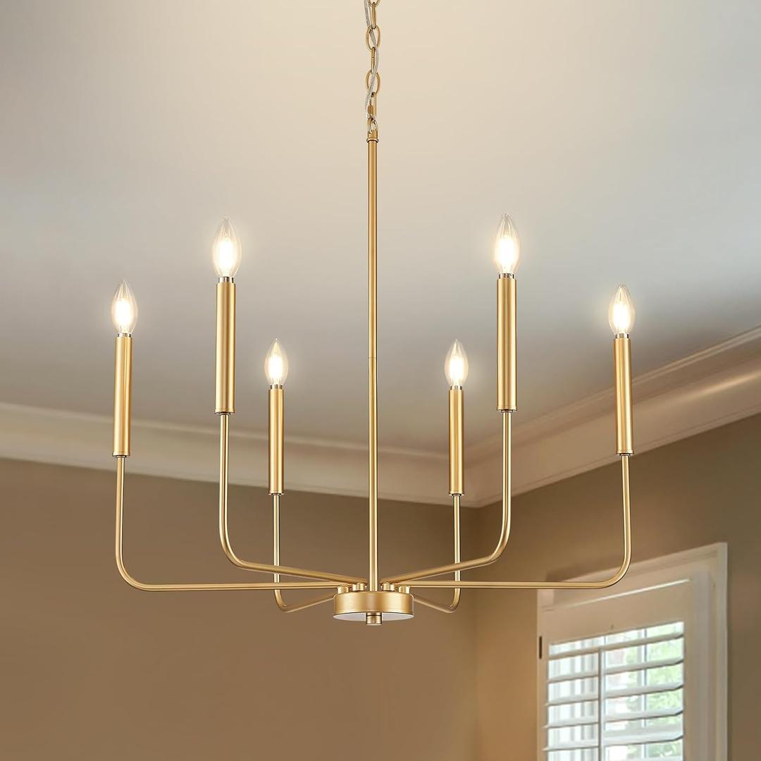 Modern Gold Chandelier for Dining Room,Metal 6-Light Kitchen Light Fixtures,Farmhouse Candle Hanging Pendant Light for Living Room Entryway Foyer Bedroom (Bulb Not Included)