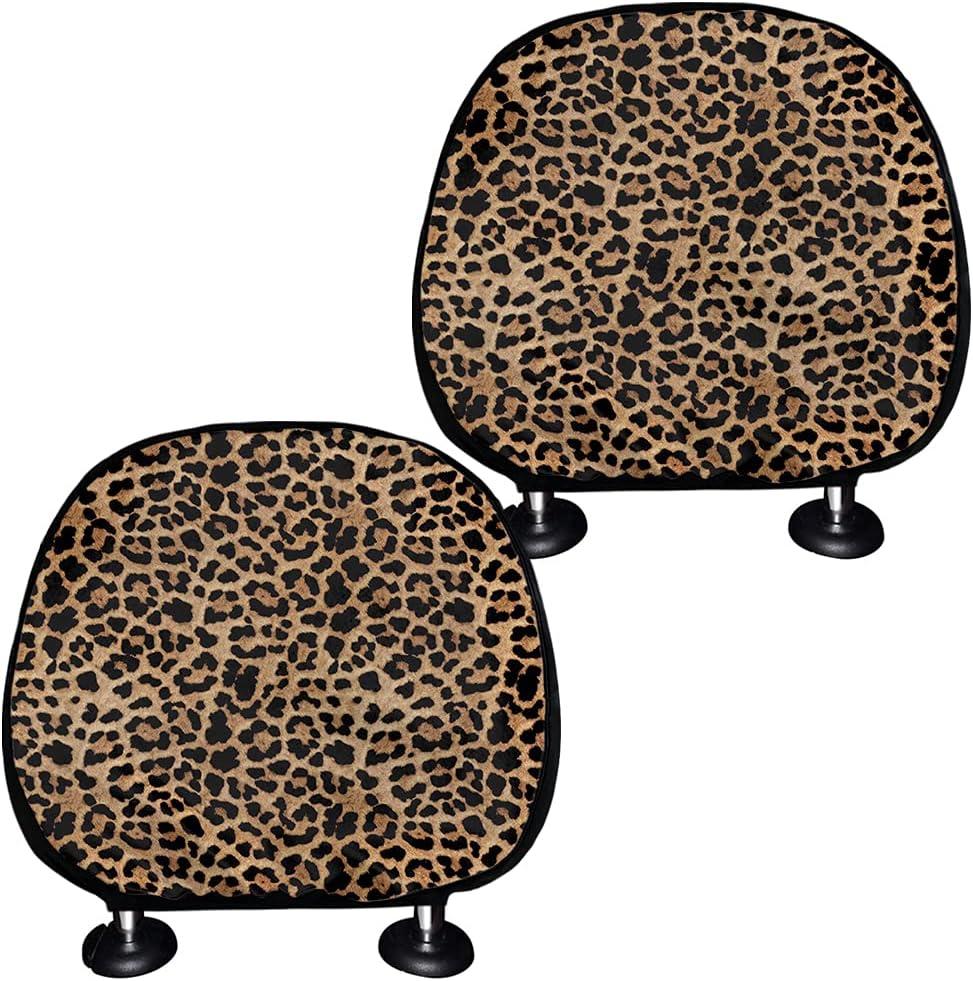 Brown Leopard Animal Print Headrest Covers for Cars for Women,Head Rest Covers Universal Fit for Car Truck SUV Van,Cheetah Auto Interior Accessories