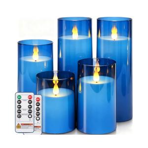 Homemory Blue Flickering Flameless Candles, Battery Operated Acrylic LED Pillar Candles with Remote Control and Timer, Blue Decor, Set of 5