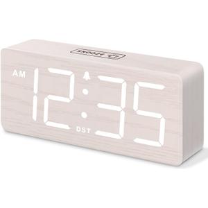 DreamSky Wooden Digital Alarm Clock for Bedroom - Desk Clock for Living Room with Large Numbers, Dimmer, Loud Alarm for Heavy Sleepers with Volume Control, DST, Office Wood Decor (Plug in Clock) White