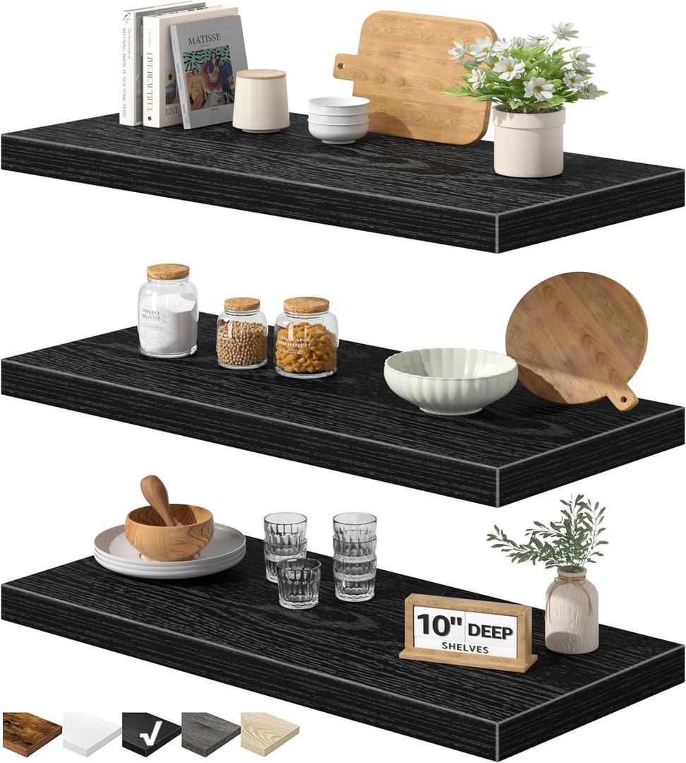QEEIG 10" Deep Floating Shelves for Wall - 10 x 24 inch Book Shelf Bathroom Bedroom Kitchen Living Room Hanging Bookshelf Farmhouse Set of 3, Black (025-60B3), 10"D x 23.6"W