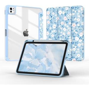 Case for iPad Pro 11-inch (M4) 5th Generation 2024,Slim Tri-Fold Smart Folio Auto Wake/Sleep with Clear Back/Pencil Holder Cover for iPad Pro 11" 5 Gen (Floral Blue)