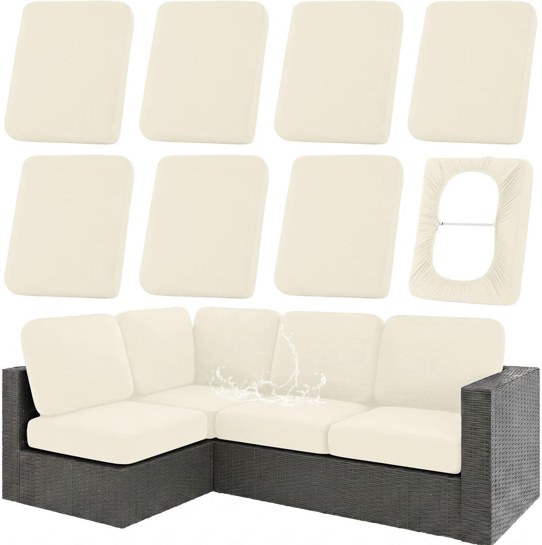 hyha Waterproof Outdoor Cushion Covers for Patio Furniture, Stretch Patio Chair Cushion Slipcovers, Coated UV Resistant Replacement Seat Covers, Solid Color (Beige, 8PC)