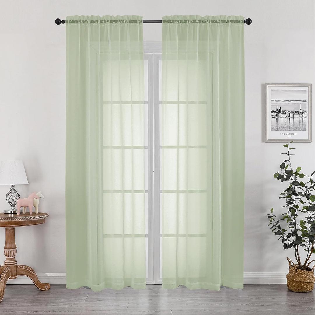 OWENIE Sheer Curtains 84 inches Long 2 Panels Set for Bedroom Living Room, Soft Solid Living Room Rod Pocket Light Filtering Curtains, 2 Pcs Each 42 W x 84" L, Light Green