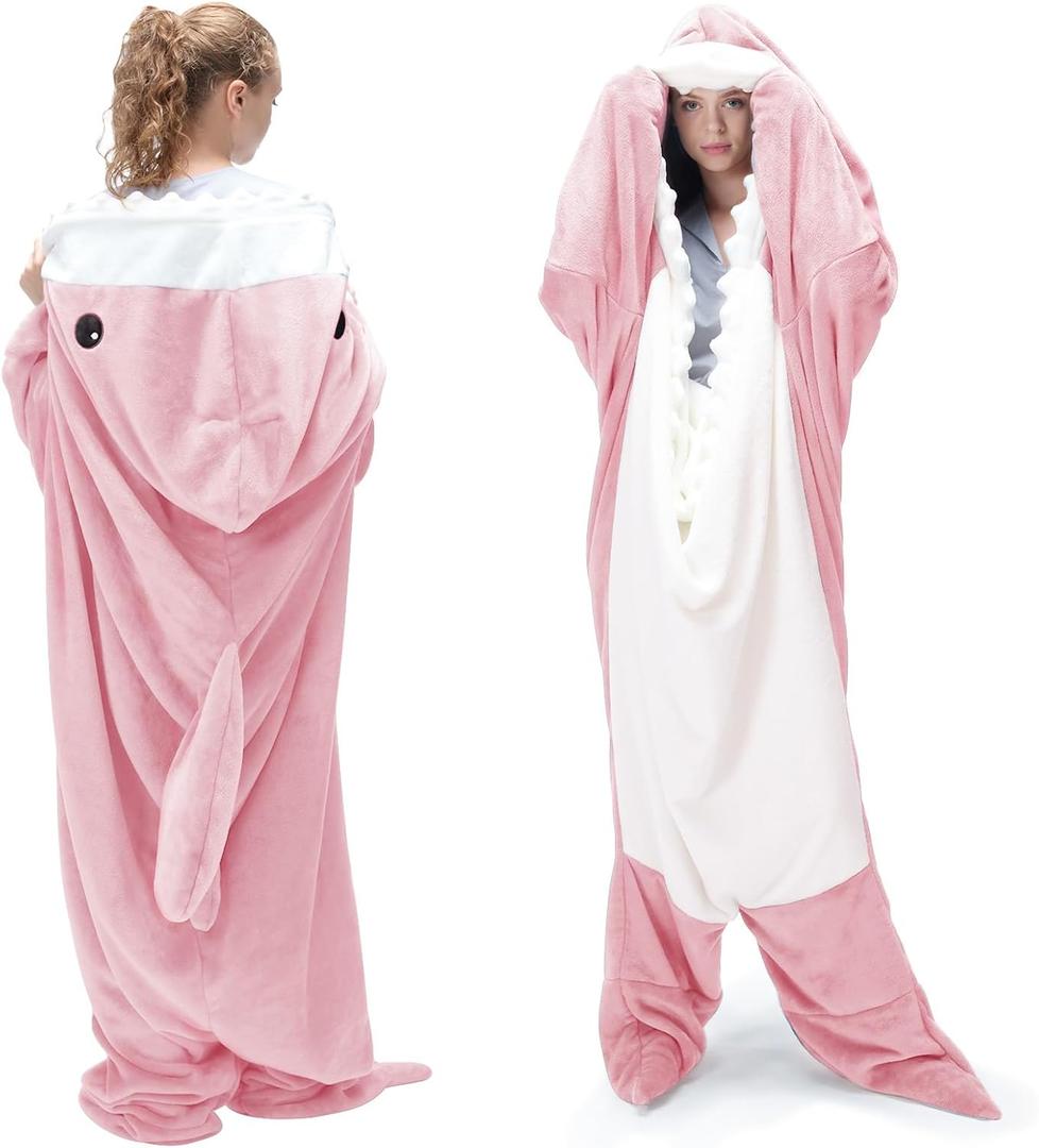 Touchat Shark Blanket for Adult Super Soft Cozy Flannel Throw Wearable Blanket, Cartoon Animals Blanket Hoodie, Sleeping Bag Cosplay Costume Blanket Gifts for Shark Lovers(Pink,M) (Medium)