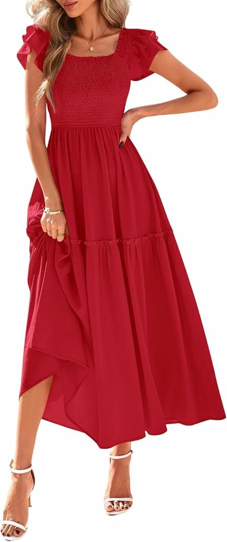 KIRUNDO Smocked Summer Dresses for Women 2025 Wedding Guest Midi Flowy Ruffle Short Sleeve Square Neck Tiered Sundress (Red, L)