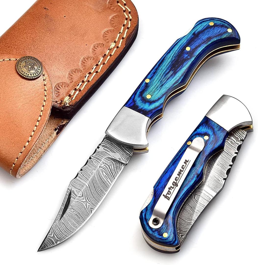 FM807 Pocket knife, Folding Clip Damascus Handmade Custom for Men Cool Good Camping Hunting Fishing & s Activities EDC Knives Leather Sheath Knife., Blue (Blue)
