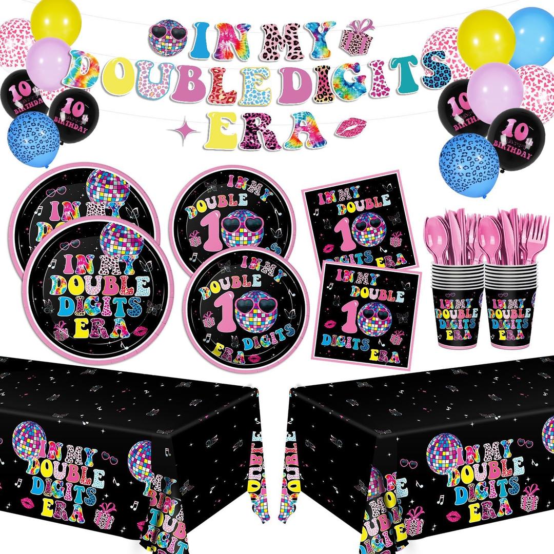 200pcs 10 Years Old Pink Paper Party Plates In My Double Digits Era 10th Birthday Party Decorations Kit - Serve 24 Guests, Perfect for Girls' 10 Year Olds Party