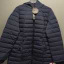 HFX Women's Mid-Weight Puffer Jacket – Stretch Fabric Winter Coat, Faux Fur Hood Lining, Thumbhole Cuffs, Midnight Navy, Large