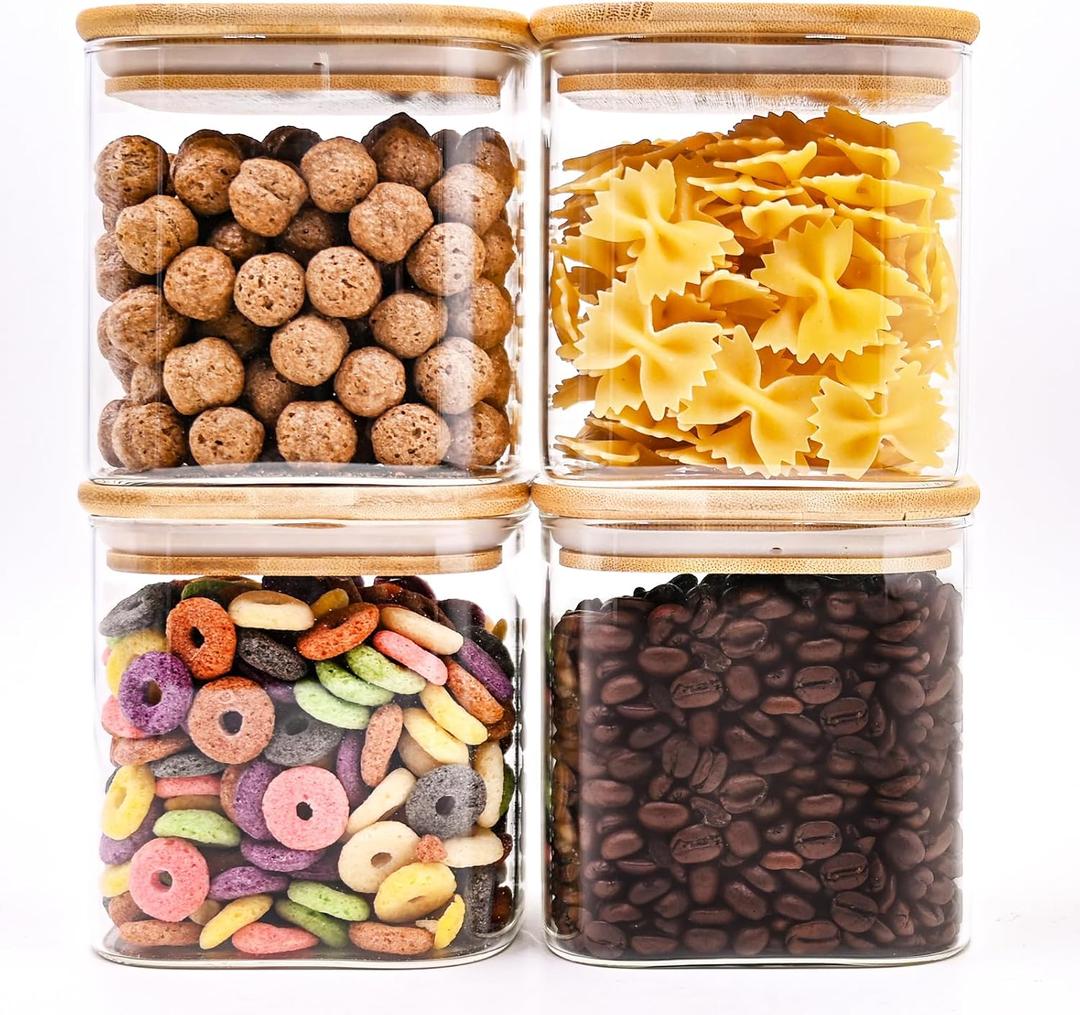 SHOWIN Glass Food Storage Jars Square 24oz, 4 Pack Glass Jars With Bamboo Lids, Kitchen Storage Containers For Spice, Candy, Cookie, Storage For Pantry Organizers