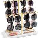 Emfogo Sunglass Organizer, 2-Tier Sunglasses Display Rack for 16 Pairs of Eyewear, Jewelry Holder Stand with Wood Tray Storage for Earrings, Bracelets, Rings & Watches (Gold+White)