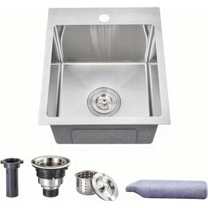 Drop In Bar Sink,15x13 Inch Topmount RV Small Kitchen Sink, 16 Gauge Handmade 304 Stainless Steel,Outdoor Single Bowl Bar Sink with Strainer, Towel