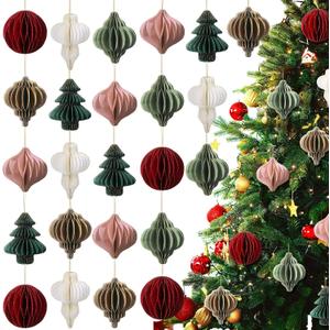 Janinka 24 Pcs Neutral Christmas Paper Honeycomb Ornaments 3D Mini Glitter Edge Honeycombs Lantern Reusable Vintage Christmas Hanging Neutral Ornaments for Modern Home Decor New Year (Bright Color) (6 Styles)