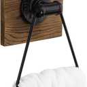 MyGift Industrial Metal Hand Towel Holder with Rustic Solid Burnt Wood Wall Backing, Matte Black Towel Ring for Bathroom, Kitchen, Laundry Room 5.5 x 8.7 inch (Dark Brown)
