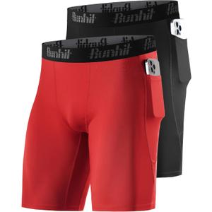 Runhit 2 Pack Mens Compression Shorts with Pockets 9" Performance Spandex Underwear Sport Athletic Workout Running Base Layer (S)