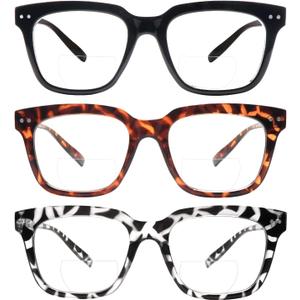 CLASAGA Bifocal Oversized Reading Glasses for Women Men, Blue Light Blocking Ladies Computer Readers Spring Hinge Eyewear (3 Mix Color)