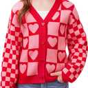 Girls St Patricks Button V-Neck Knit Sweater Cardigan Irish Lucky Shamrock Outfit 6-14 Years (Pink | Heart Checks)
