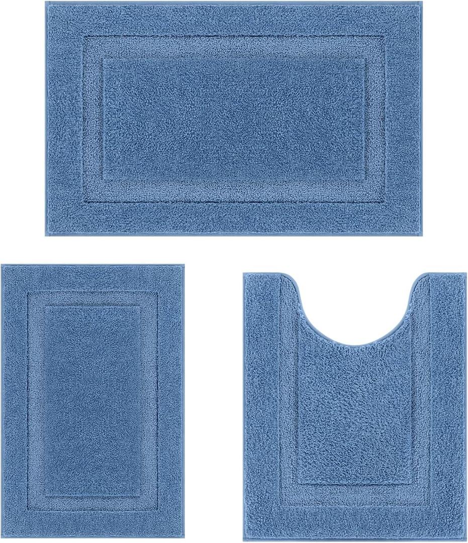 SHACOS 3 Piece Blue Bathroom Rugs Sets, Non Slip Soft Fluffy 16"x24" + 20"x32" Bath Mat and 20"x24" U Shaped Toilet Rugs Washable, Water Absorbent Bath Rugs for Bathroom