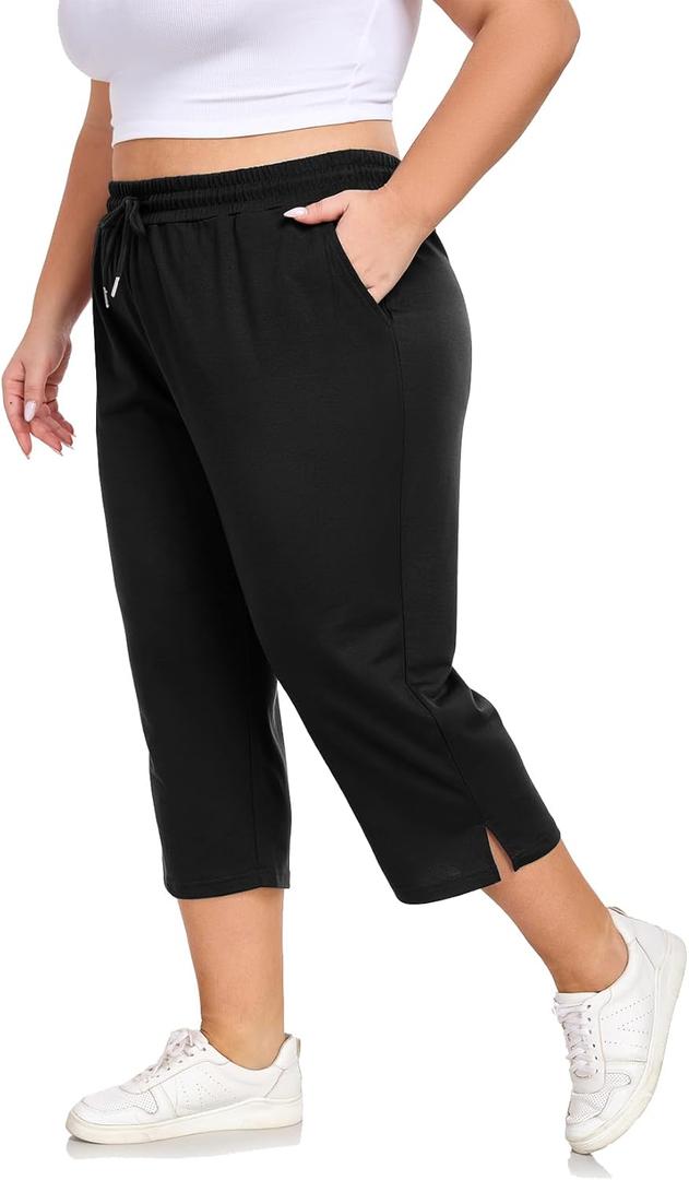 Plus Size Capri Pants for Women Loose Fit Yoga Pants with Pockets Workout Activewear Sweatpants (4X-Large Plus, Black)