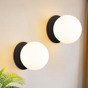 2 Pack Modern Matte Black Wall Light Fixtures, Mid-Century Globe Glass Wall Sconces Set of Two for Bathroom Mirror, Living Room, Hallway, Entryway (Bulbs Not Included), 6 x 6 inches x 2 pieces