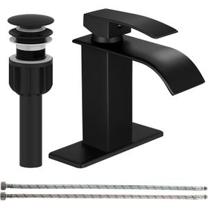 sagetta Waterfall Bathroom Sink Faucet Single Hole Black with Three Hole Cover Deck Plate, Pop up Drain and Water Hoses Stainless Steel Vanity