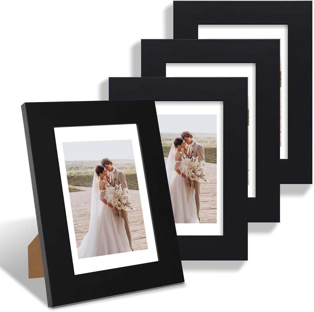 4x6 Picture Frame Set of 4, Made of Real Glass and Black Wooden Frame, 4 by 6 Photo for Wall or Tabletop - Display Picture 3.5x5 with Mat or 4x6 Without Mat