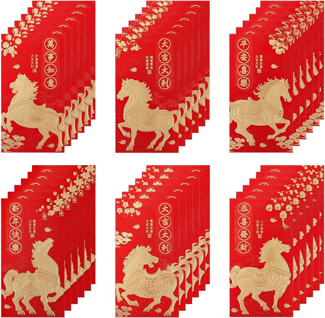36pcs 2026 Horse Red Envelopes, Golden Foil Glitter Long Hong Bao Chinese Red Pocket Packet Cash Lucky Money Envelopes for Spring Festival Chinese Lunar New Year Supplies Decorations