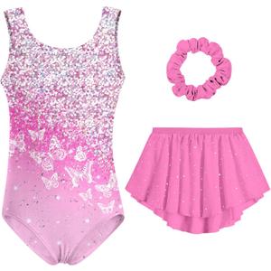 Idgreatim Girls Gymnastic Leotard Ballet Dance Dress Outfit with Removable Skirt Hair Scrunchie Combo 4-11 Years (Pink White)