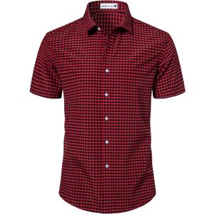 Manwan walk Mens Short Sleeve Plaid Casual Button Down Shirts Gingham Regular Fit Dress Shirts (XX-Large, Red/Black)
