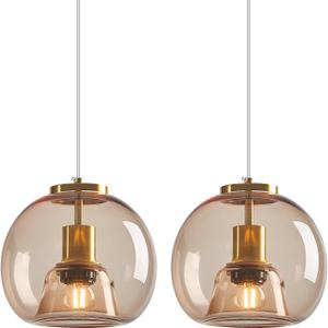 Light Coffee Glass Pendant Lights Kitchen Island Gold Hanging Light Fixture Glass Globe Pendant Light Modern Pendant Lighting for Kitchen Island Bedroom Dining Room (7.87", 2 Pack)
