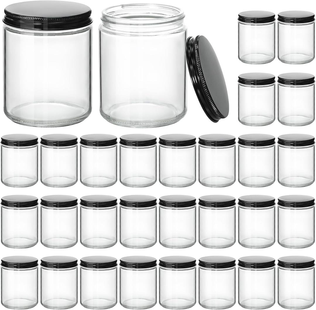 KEYWING 30Pack 8oz Candle Jars with Lids, Clear Glass Jars with Black Metal Lids, Empty Jar for Candle Making, Powders, Cream