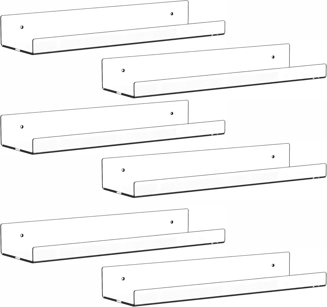 6 Pack Clear Acrylic Shelves for Wall with Adhesive,15 Inch No Drill Floating Shelves for Bathroom,Bedroom,Renter Friendly,Kids Room Bookshelf,Wall Display Shelf for Lego,Funko Pop,Figurine,Perfume