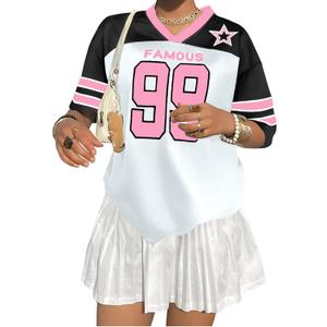 Oversized Jersey Shirts for Women Shirts Y2K Number Graphic Jerseys V Neck Cute Streetwear Tee Tops (White, XXL)