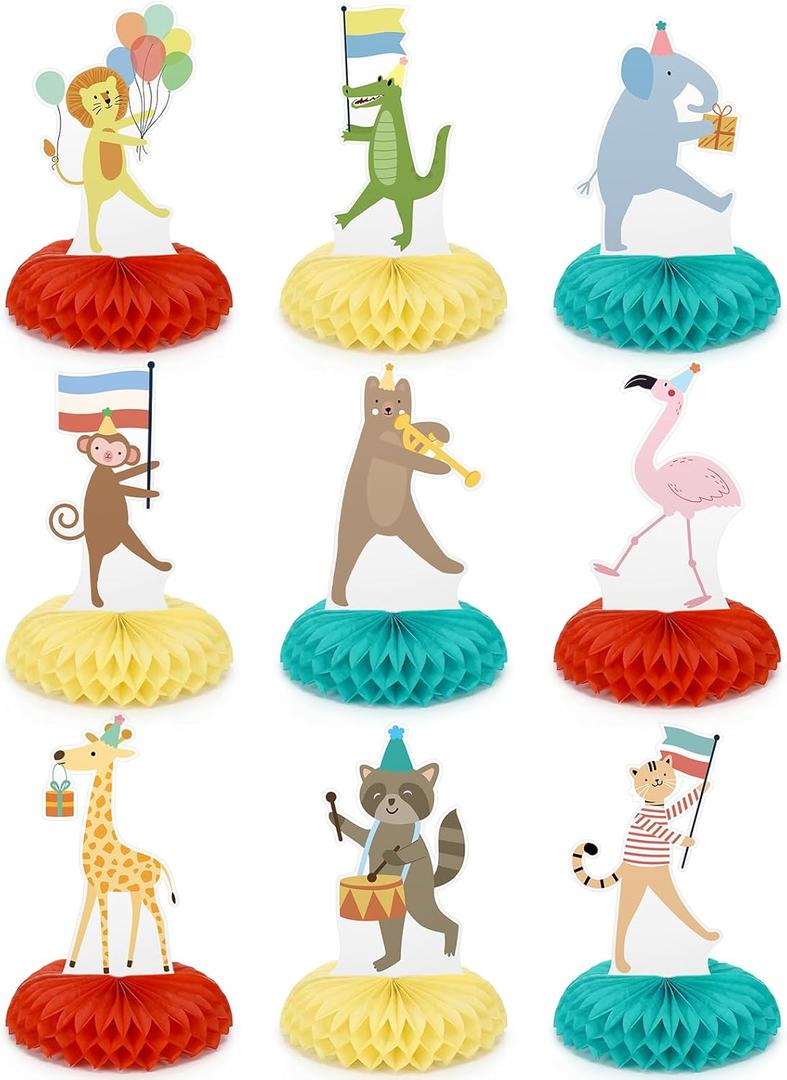 Potchen 9 Pcs Animal Parade Birthday Party Decoration Safari Themed Table Honeycomb Centerpieces Zoo Wild Animals Jungle Birthday Party Supplies Baby Shower Cake Topper Decorations for Boys Girls