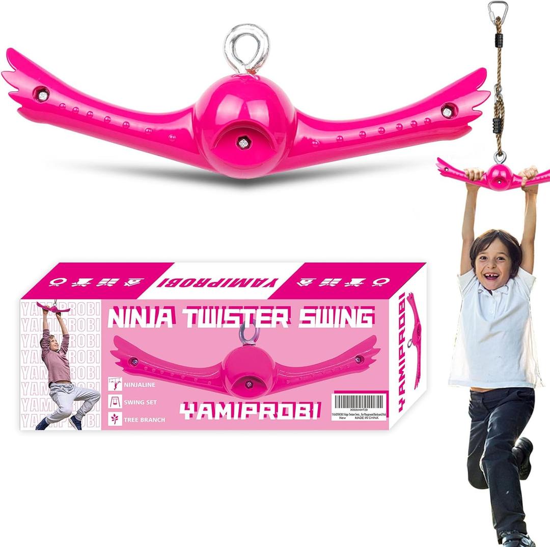 Ninja-Twister Swing Spins Set: Slackline Attachments - 360 Handle Twist-Spin Flips Toy Activate Ninja Powers - Ninja Warrior Accessories - Kids Ninja Hang Toys for Playground Backyard, Pink