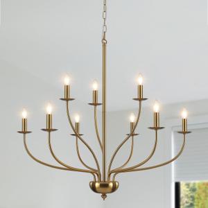 Gold Chandelier Light Fixture 2 Tier 9 Light Brass Chandelier for Dining Room, 30 Large Chandeliers for High Ceilings, Industrial Candle Farmhouse Chandelier for Living Room Kitchen Bedroom
