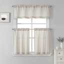 SeeGlee 3 Piece Linen Semi Sheer Kitchen Window Curtain Tiers and Valance Set,24" Long Tiers with Vanlance Light Filtering Energy Efficient Curtain Set for Small Window,Beige