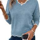 Womens V Neck Pullover Sweaters Long Sleeve Scallop Trim Knit Tops Loosed Fit 2026 Fall Outfits (Medium, Blue)