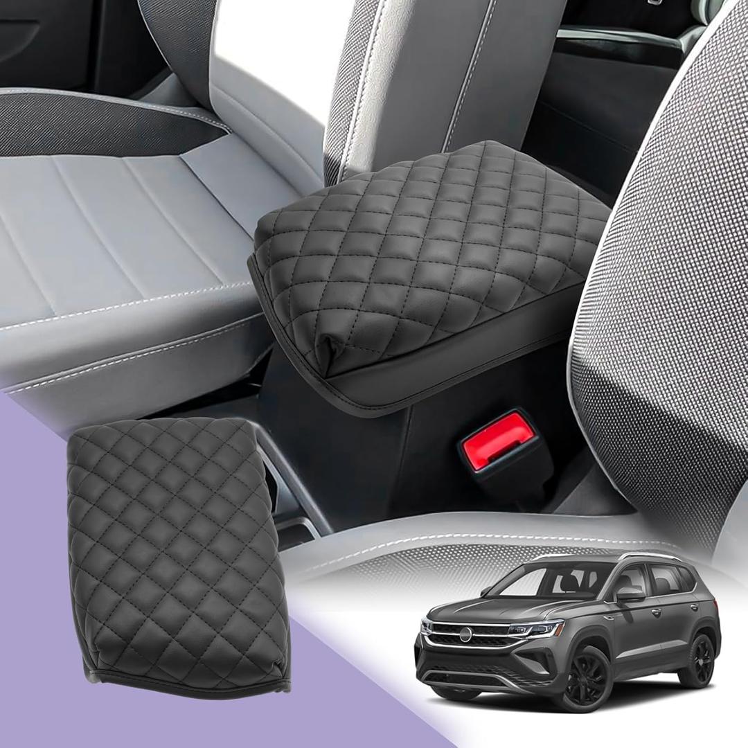 LUWU for 2022 2023 2024 2025 Volkswagen Taos Center Console Cover 2024 2025 Taos S/SE/SEL Accessories Armrest Cover Armrest Console Cover Soft Leather (Grid Black)