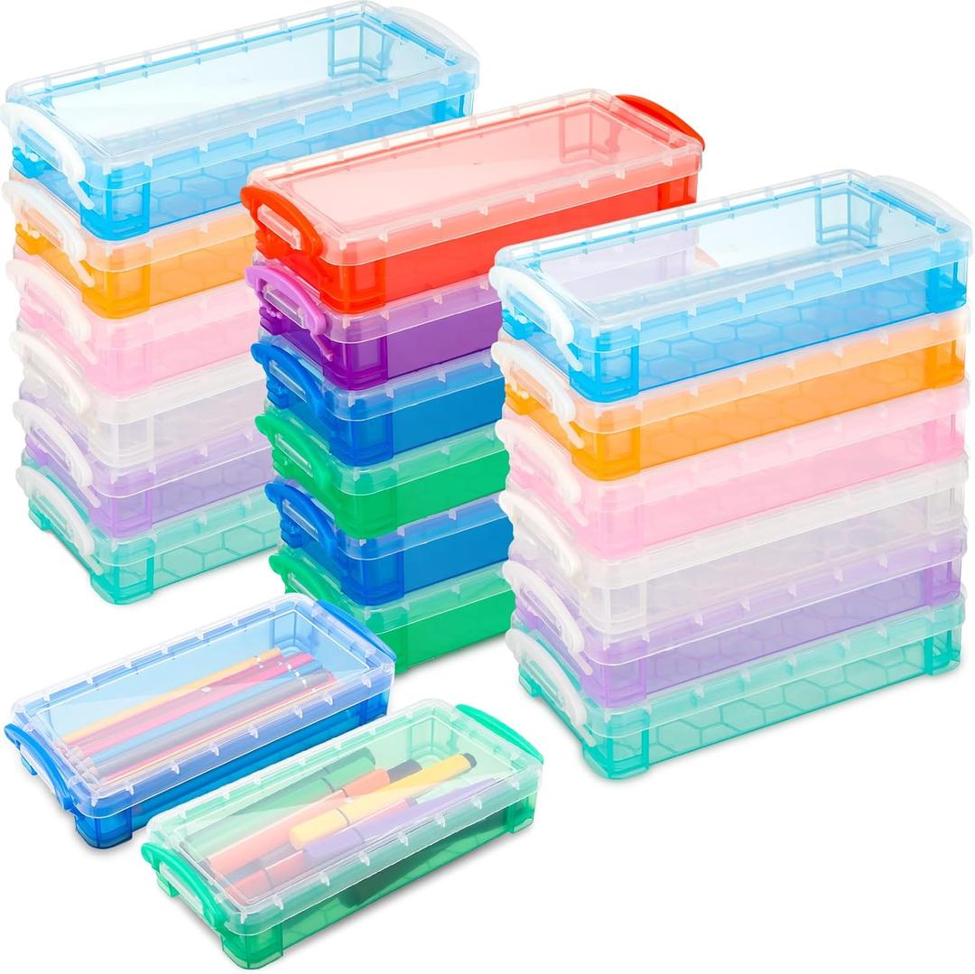 Gueevin 12 Pcs Large Capacity Plastic Pencil Box Clear Plastic Pencil Case Crayon Box with Snap Tight Lid Watercolor Pen Storage Brush Organizer Drawing Tools Container (Mixed Colors)