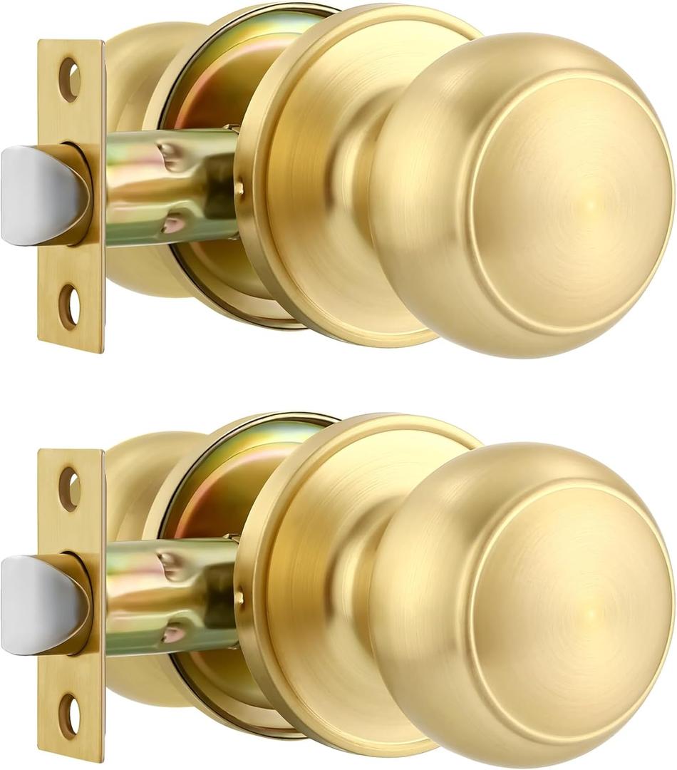 Karlstone 2 Pack Brass Door Knob for Bath Room Closet, Passage Door Knob Gold for Hallway and Closet Door Handle Lockset, Round Passage Gold Door Knobs