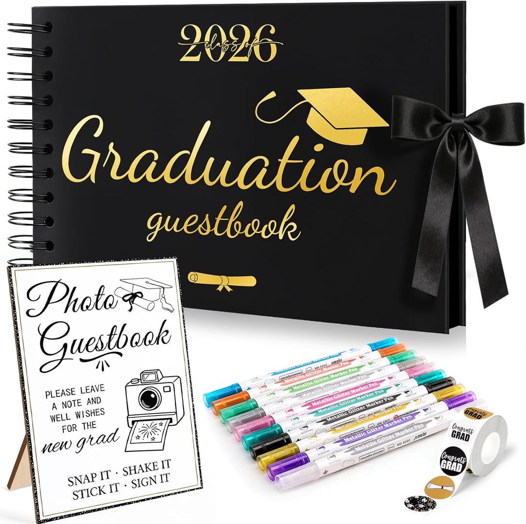 13 Pcs 2026 Graduation Guest Book Set, 30 Pages Scrapbook Photo Album with Photo Sign, 10 Dual Tip Metallic Markers Pens and DIY Matching Stickers for Grad Party Decorations Favors