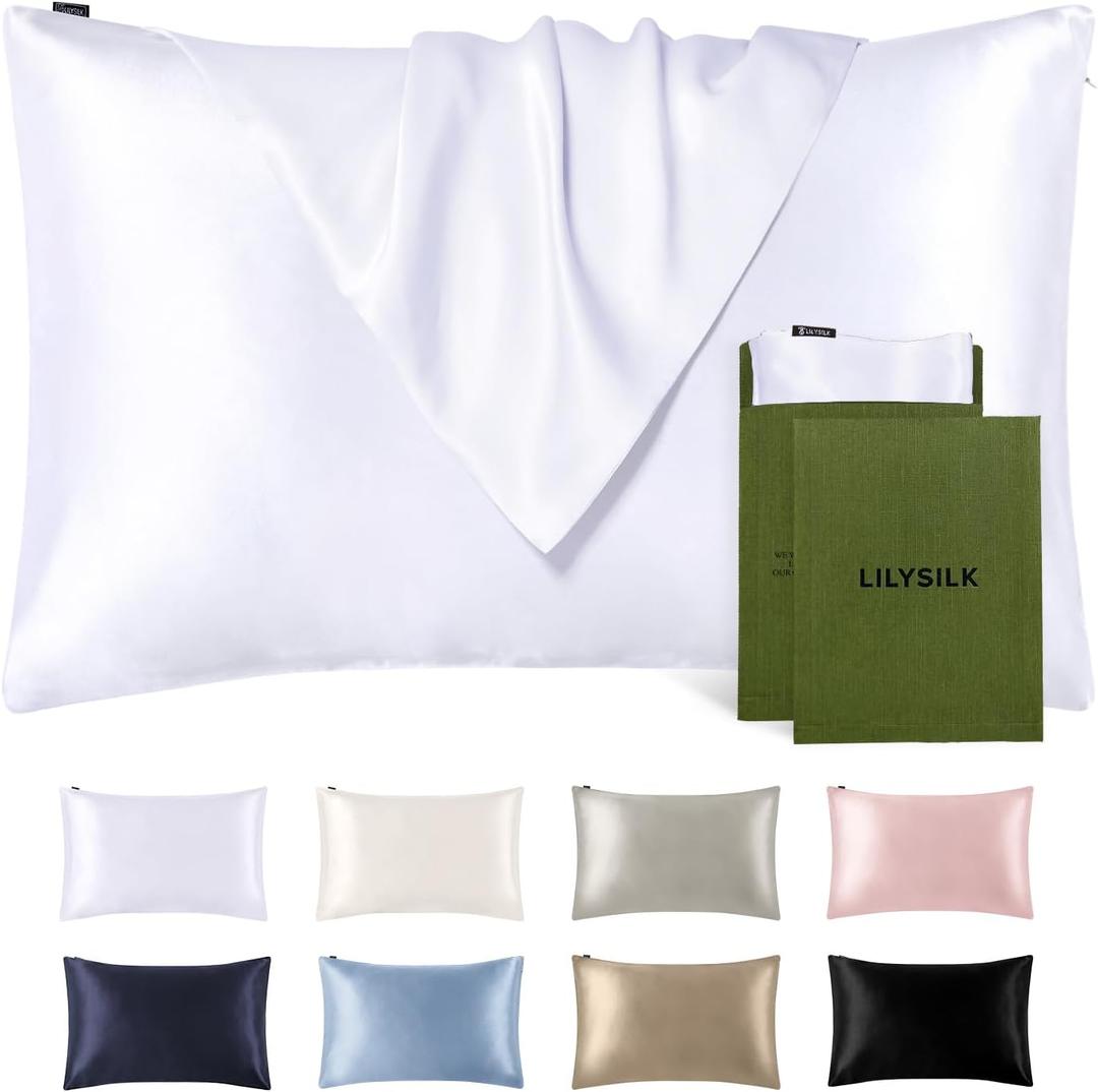 LILYSILK Silk Pillowcase for Hair and Skin Queen-100% Mulberry Silk 19 Momme Both Sides Silk Bed Pillow Cover with Hidden Zipper, 1 Pc (Queen Size 20''x30'', White)